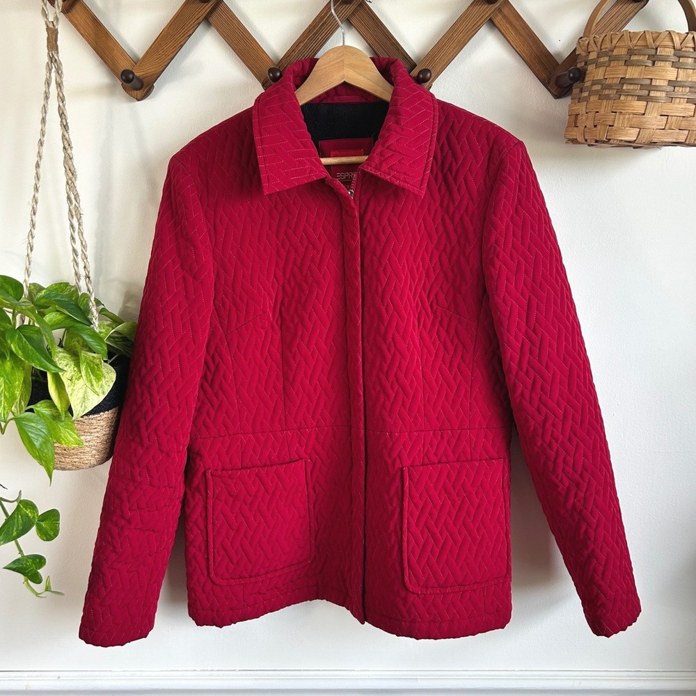 Esprit Red Quilted Fleece Lined Zip Up Jacket Womens Medium Chevron Pattern